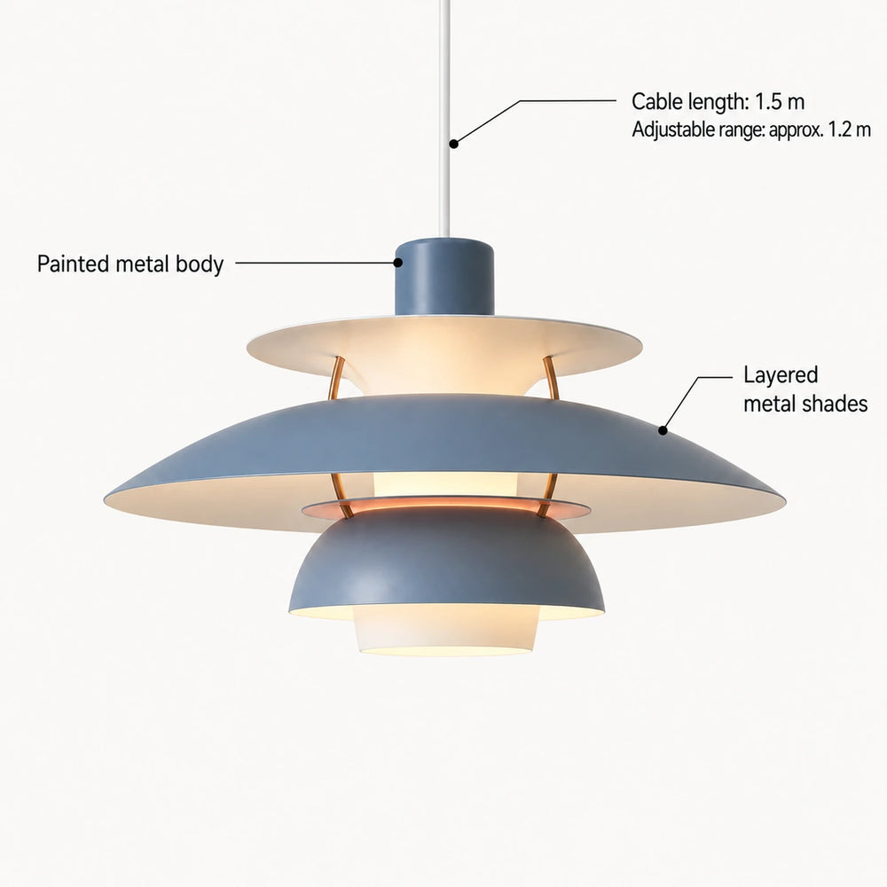 Layered painted-metal pendant with a 1.5 m cable and an adjustable range of approximately 1.2 m; annotated design view.