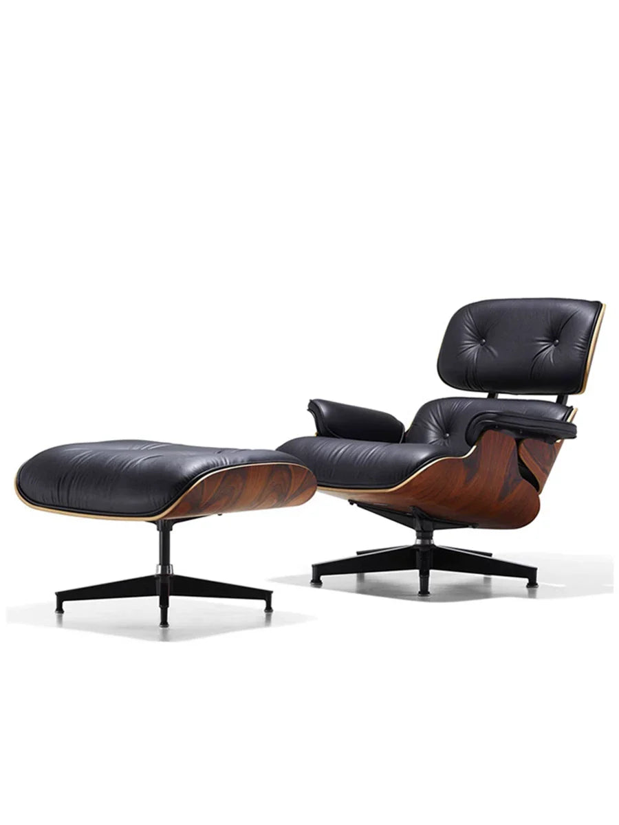 Mid-century lounge chair and ottoman in a modern living room setting