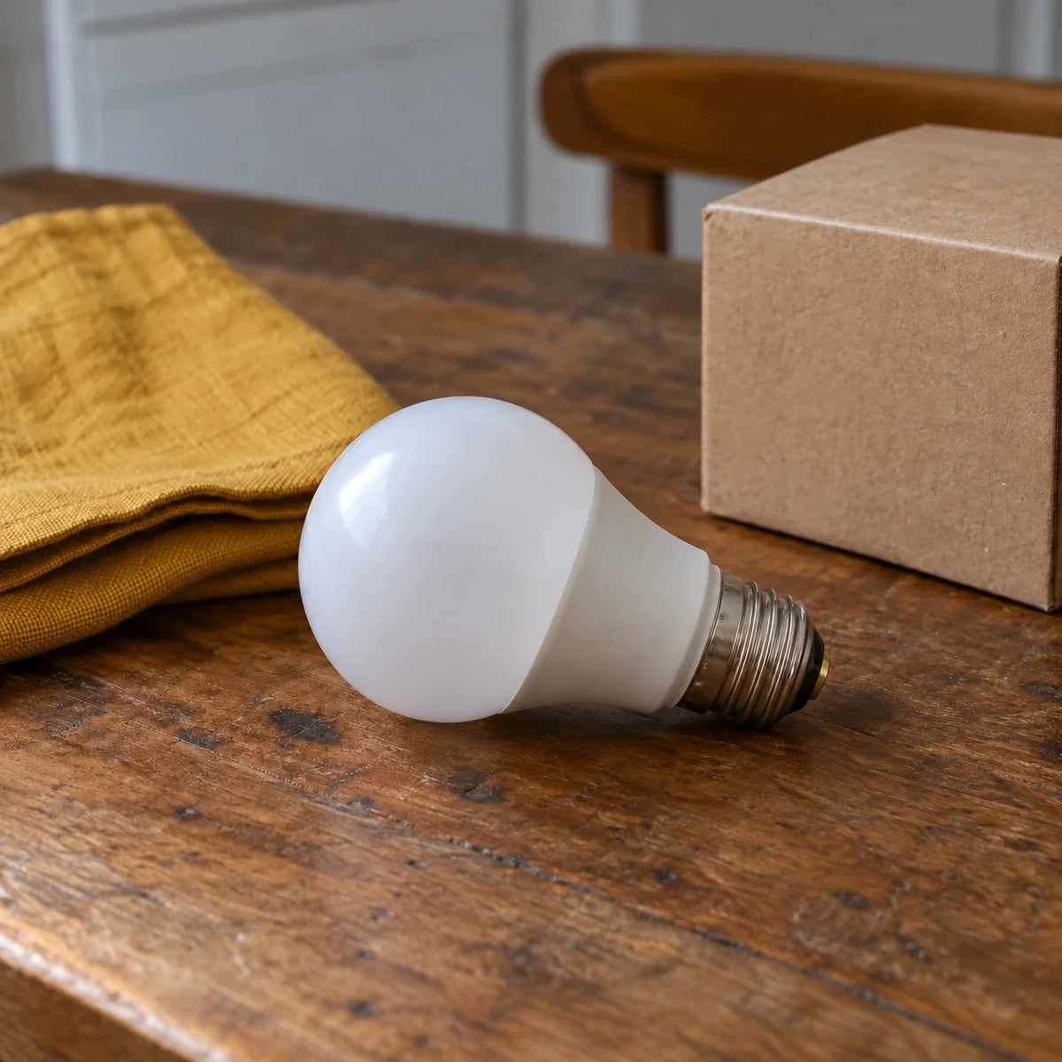 Screw-base LED bulb beside packaging and a cloth on a wooden table
