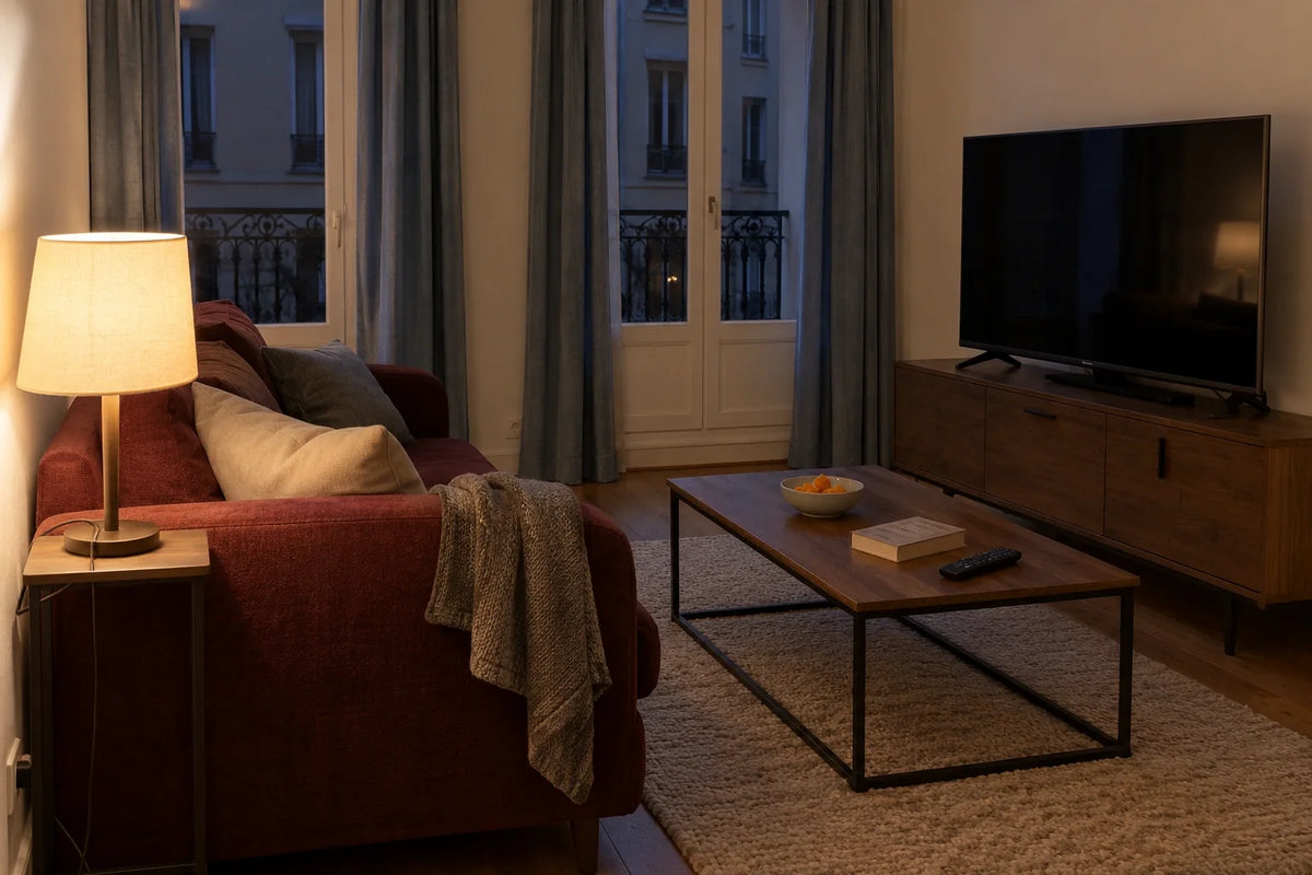 A burgundy sofa and shaded table lamp opposite a dark television in a lived-in evening room.