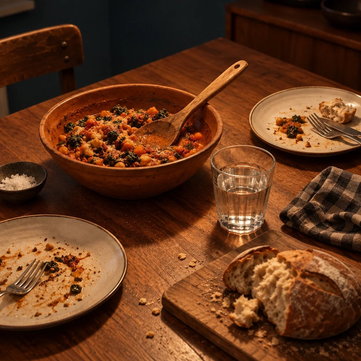 Food, drinking glasses and table linen under evening dining light