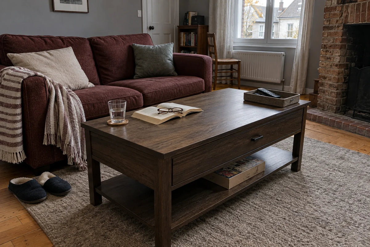 An everyday coffee-table surface with a cup, reading book and remote tray in a burgundy-sofa living room.