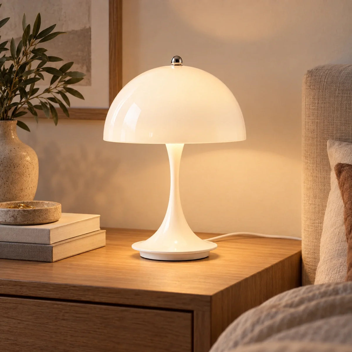 White dome table lamp lit on an indoor bedside table with power cord