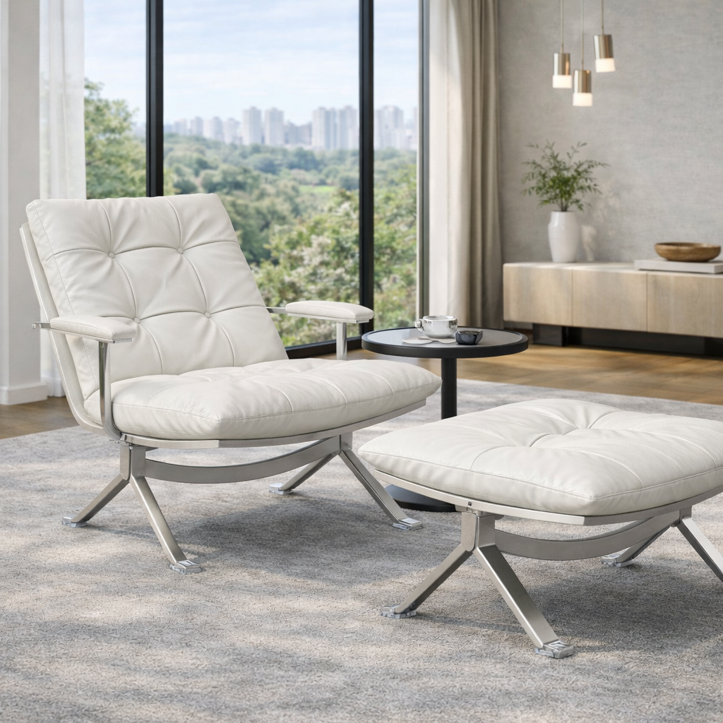 Réplique de la chaise longue style Barcelona | Ensemble chaise et ottoman