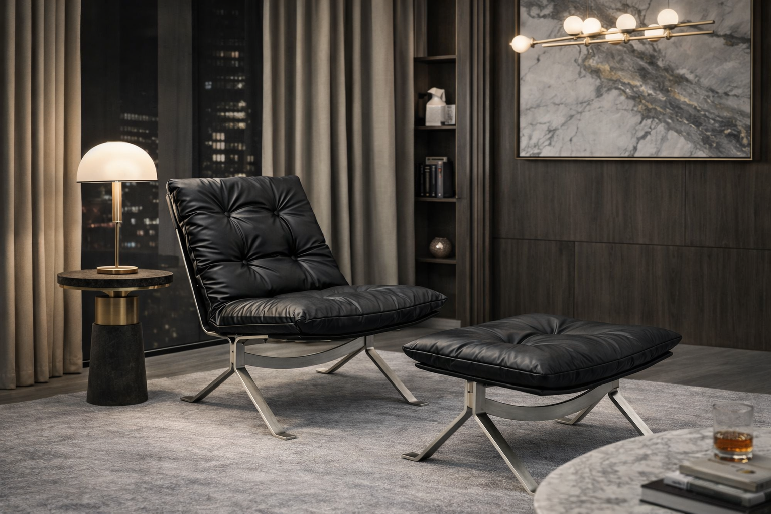 Tufted Leather Lounge Chair and Ottoman configuration view