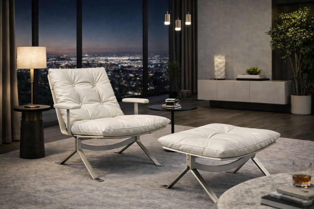 Réplique de la chaise longue style Barcelona | Ensemble chaise et ottoman