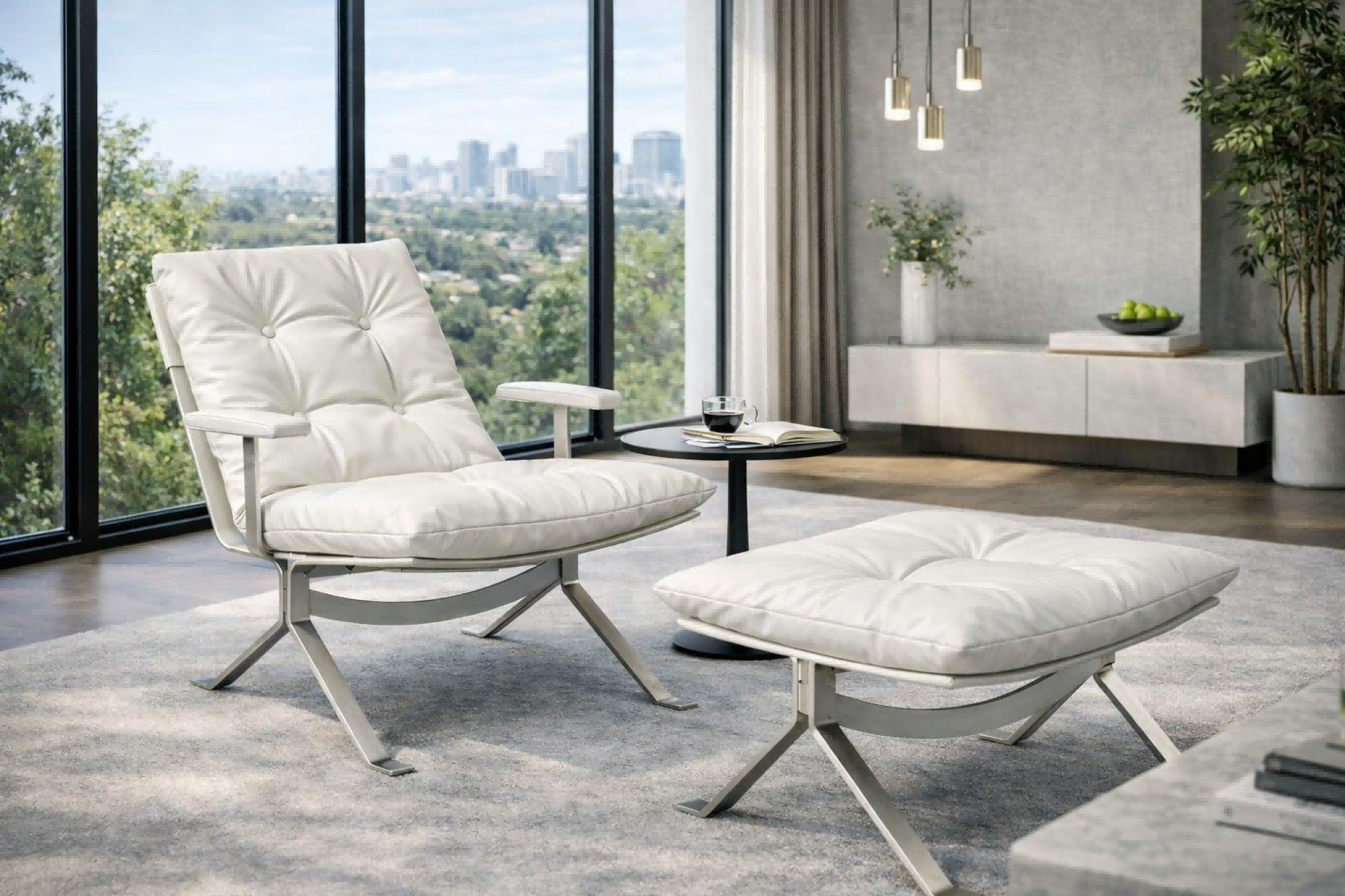 Réplique de la chaise longue style Barcelona | Ensemble chaise et ottoman