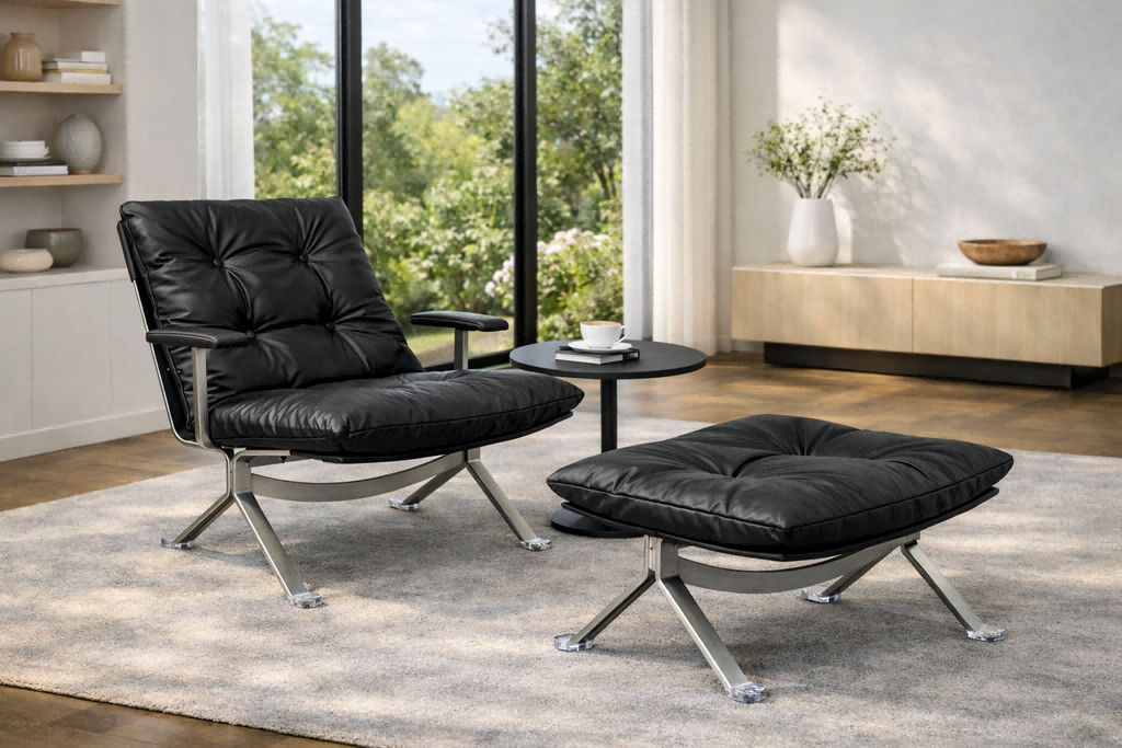 Réplique de la chaise longue style Barcelona | Ensemble chaise et ottoman
