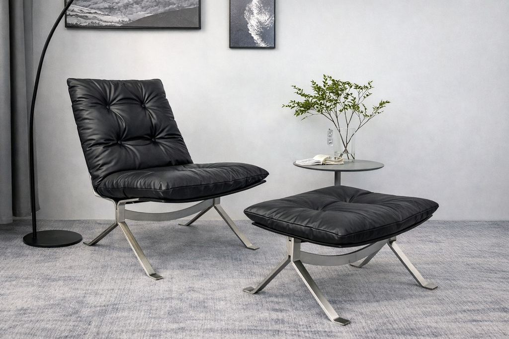 Réplique de la chaise longue style Barcelona | Ensemble chaise et ottoman