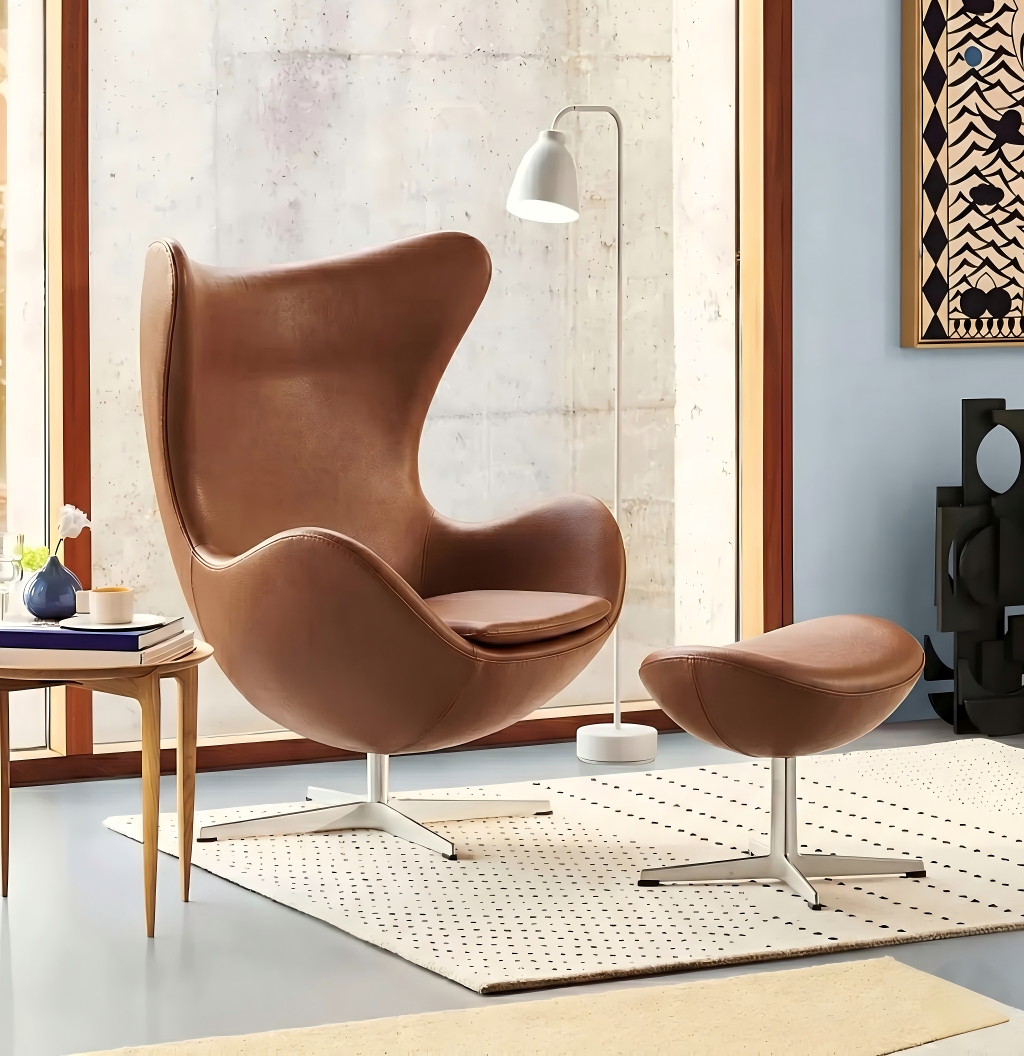 Curved Swivel Lounge Chair in brown leather angled view
