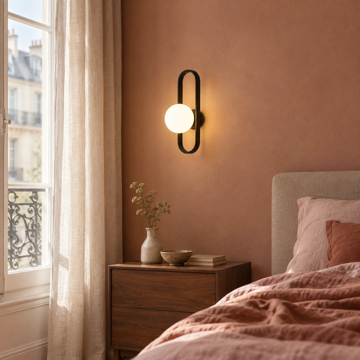 Black oval-loop globe wall light above a walnut bedside cabinet in a terracotta bedroom