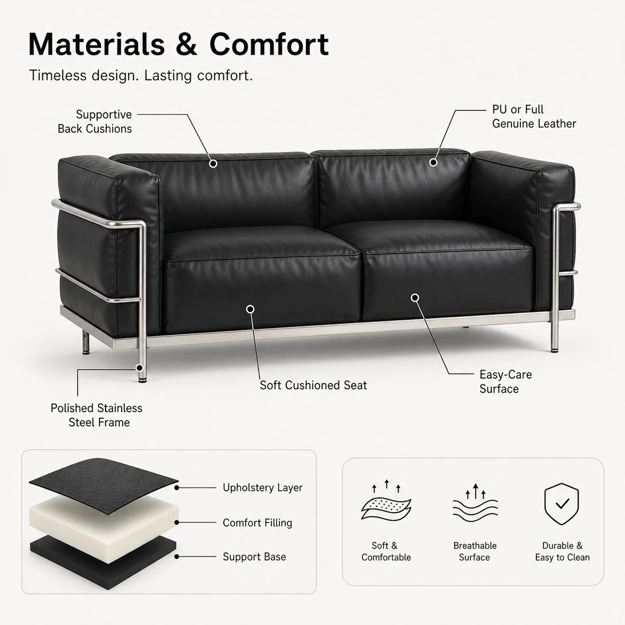 Box Frame Leather Lounge Sofa material and comfort features
