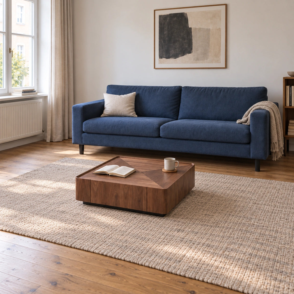 Square walnut-tone coffee table with book and mug in front of a full blue sofa