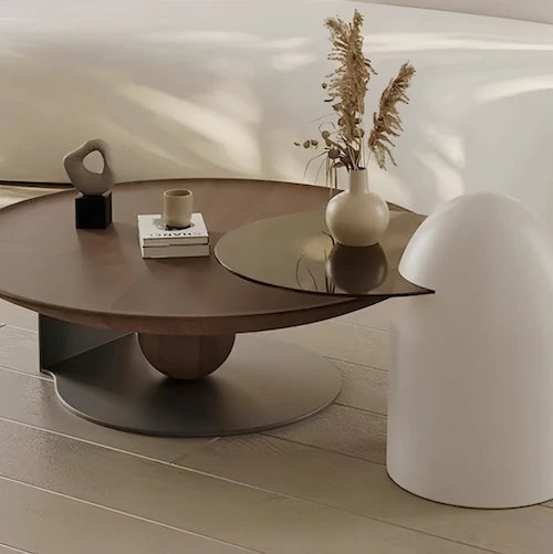 Sculptural Walnut & Glass Two-Piece Coffee Table Set — view 7