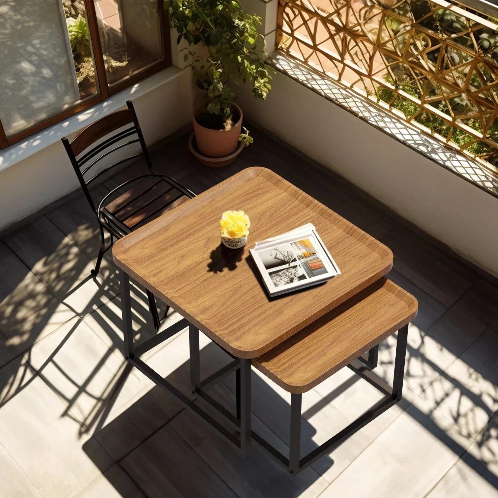 Walnut-Finish Nesting Coffee Table Set with Steel Frames — view 2