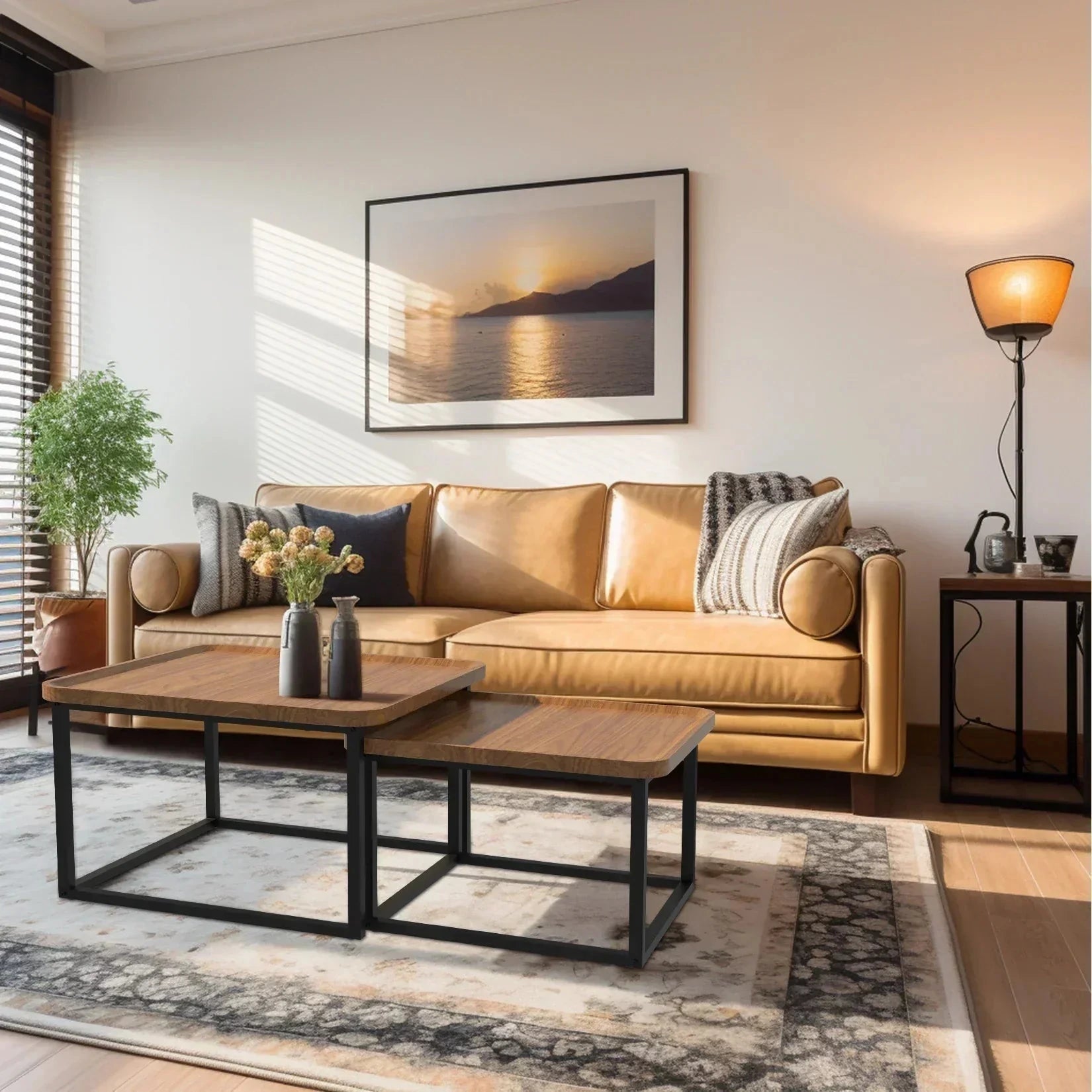 Walnut-Finish Nesting Coffee Table Set with Steel Frames — view 5