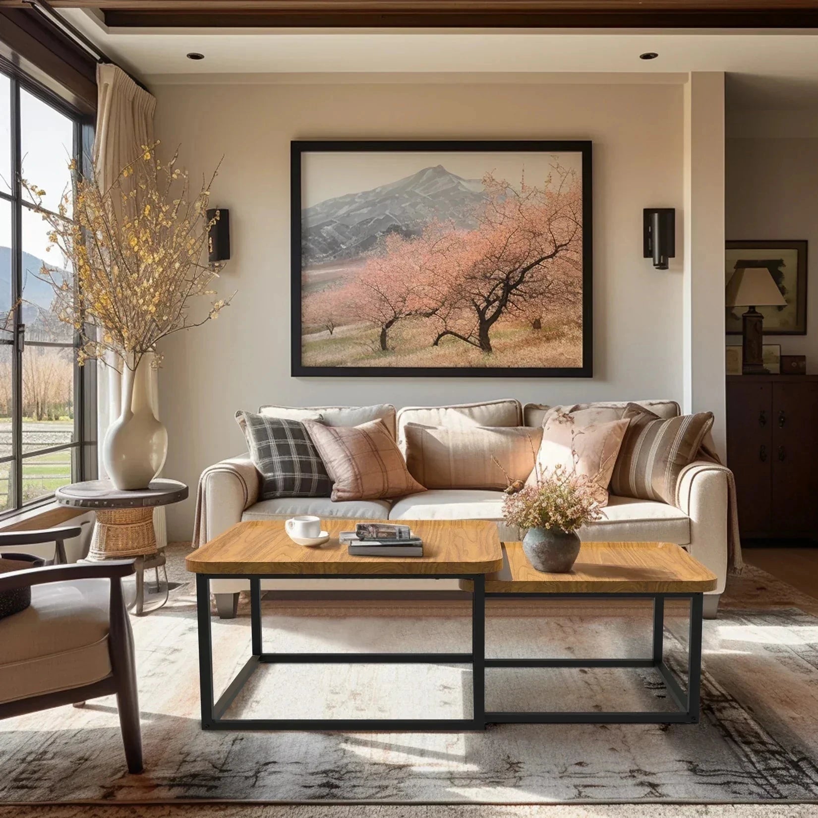 Walnut-Finish Nesting Coffee Table Set with Steel Frames — view 6