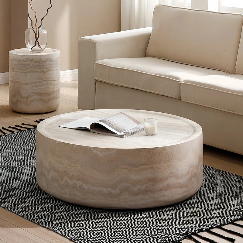 Faux Travertine Fiberglass Drum Coffee Table — view 1