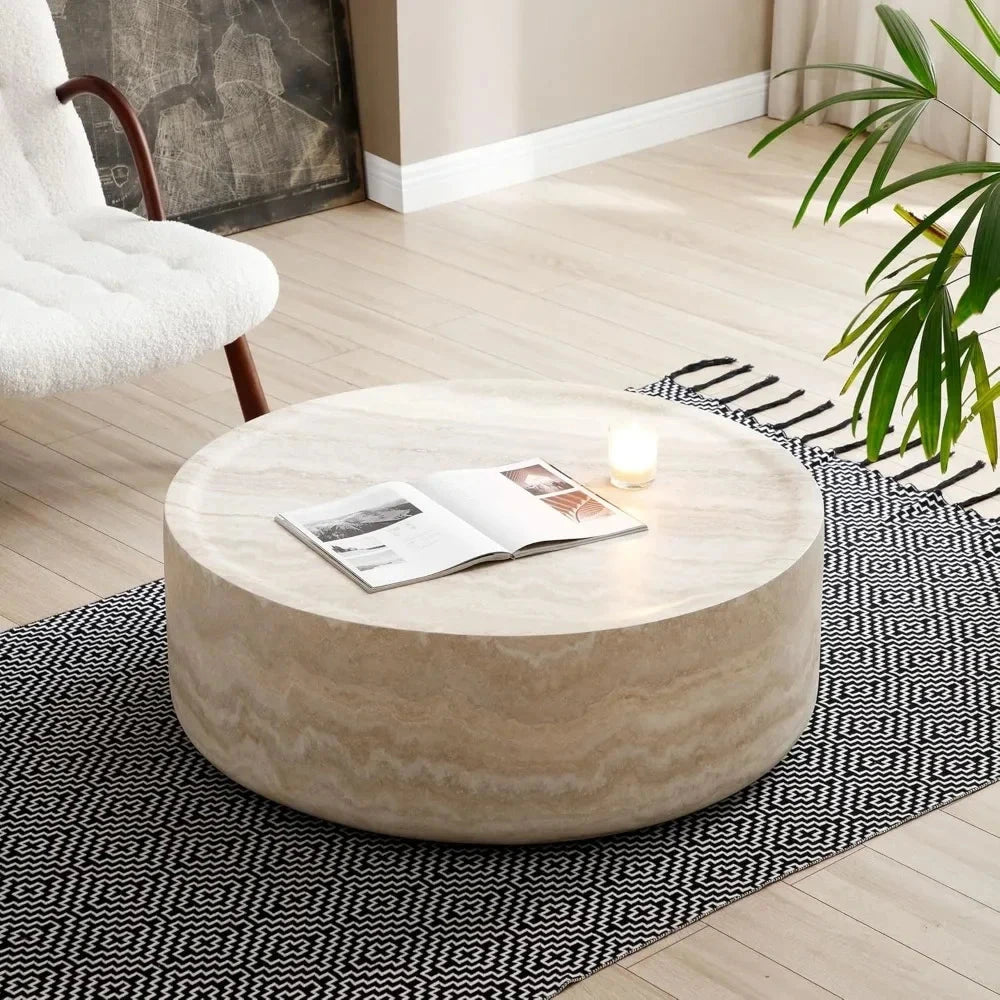 Faux Travertine Fiberglass Drum Coffee Table — view 2