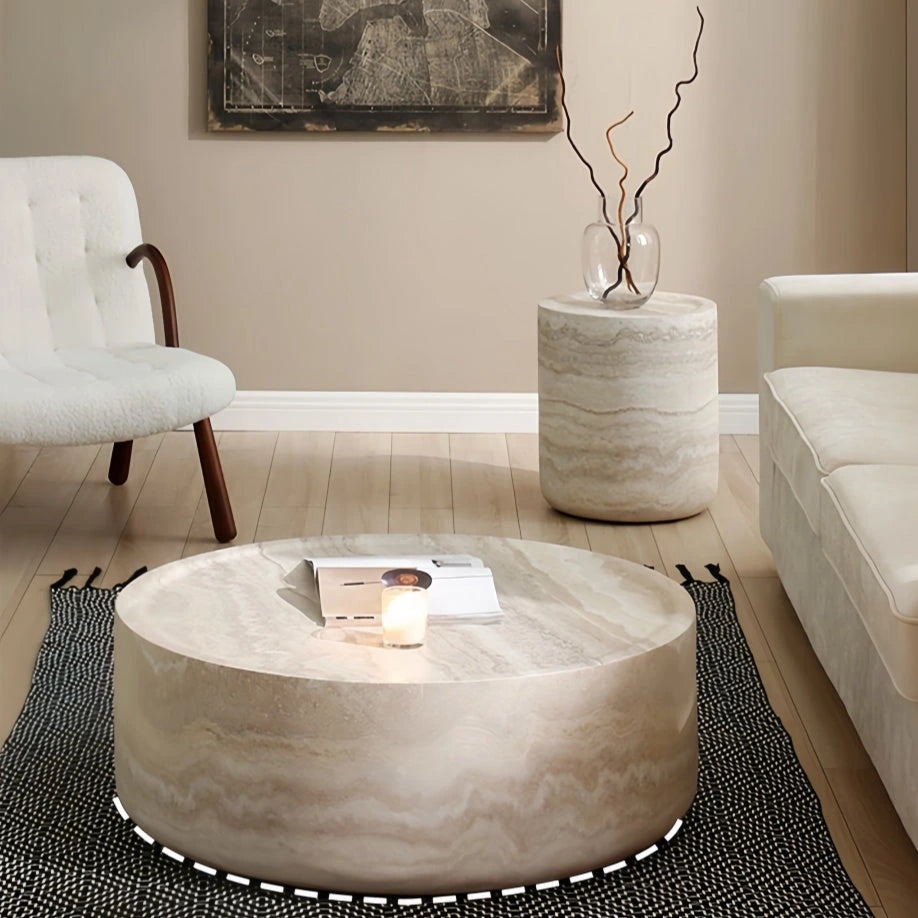 Faux Travertine Fiberglass Drum Coffee Table — view 3