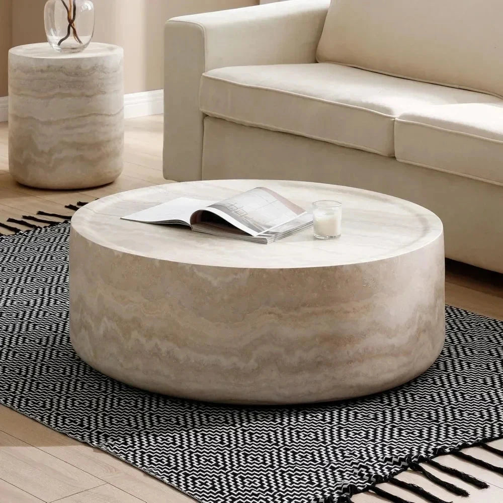 Faux Travertine Fiberglass Drum Coffee Table — view 4