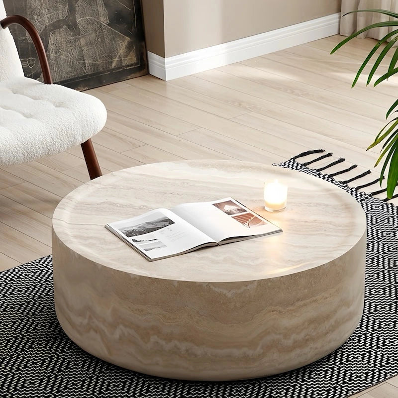 Faux Travertine Fiberglass Drum Coffee Table — view 6