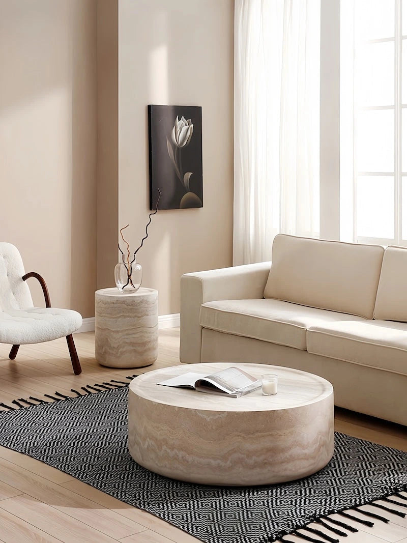 Faux Travertine Fiberglass Drum Coffee Table — view 7