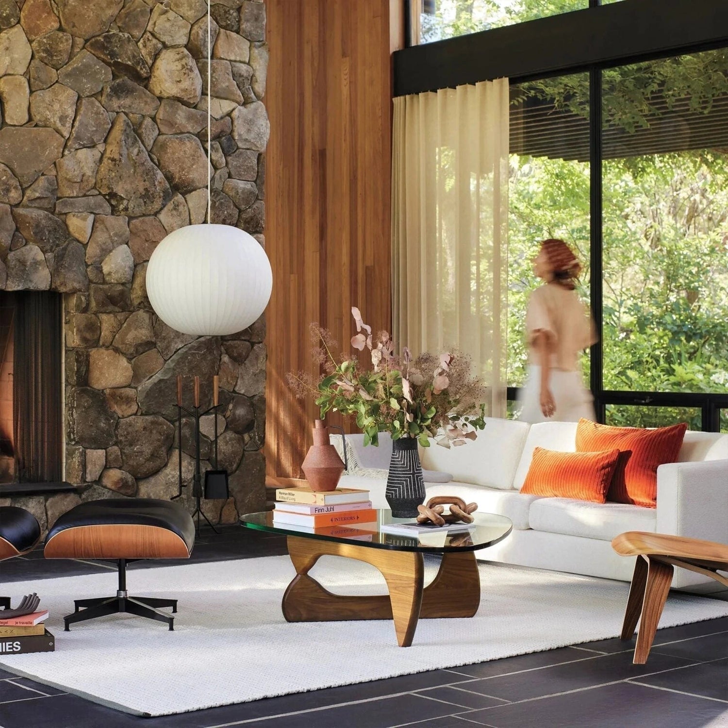 Sculptural Glass Coffee Table with Curved Wood Base — view 1