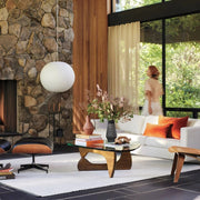Sculptural Glass Coffee Table with Curved Wood Base — view 1