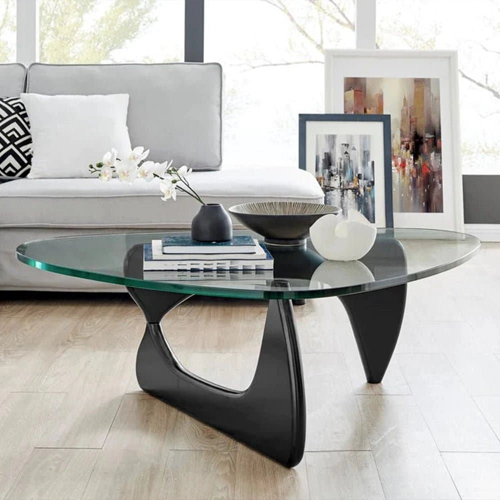 Sculptural Glass Coffee Table with Curved Wood Base — view 2