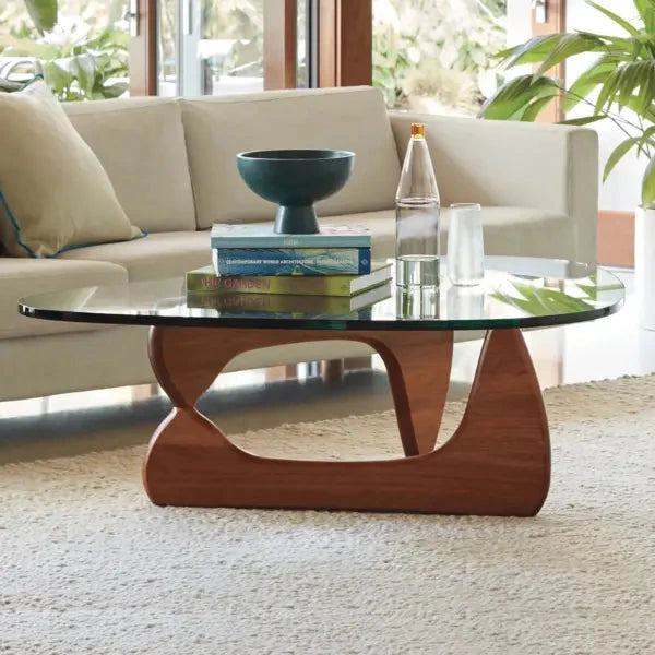 Sculptural Glass Coffee Table with Curved Wood Base — view 3