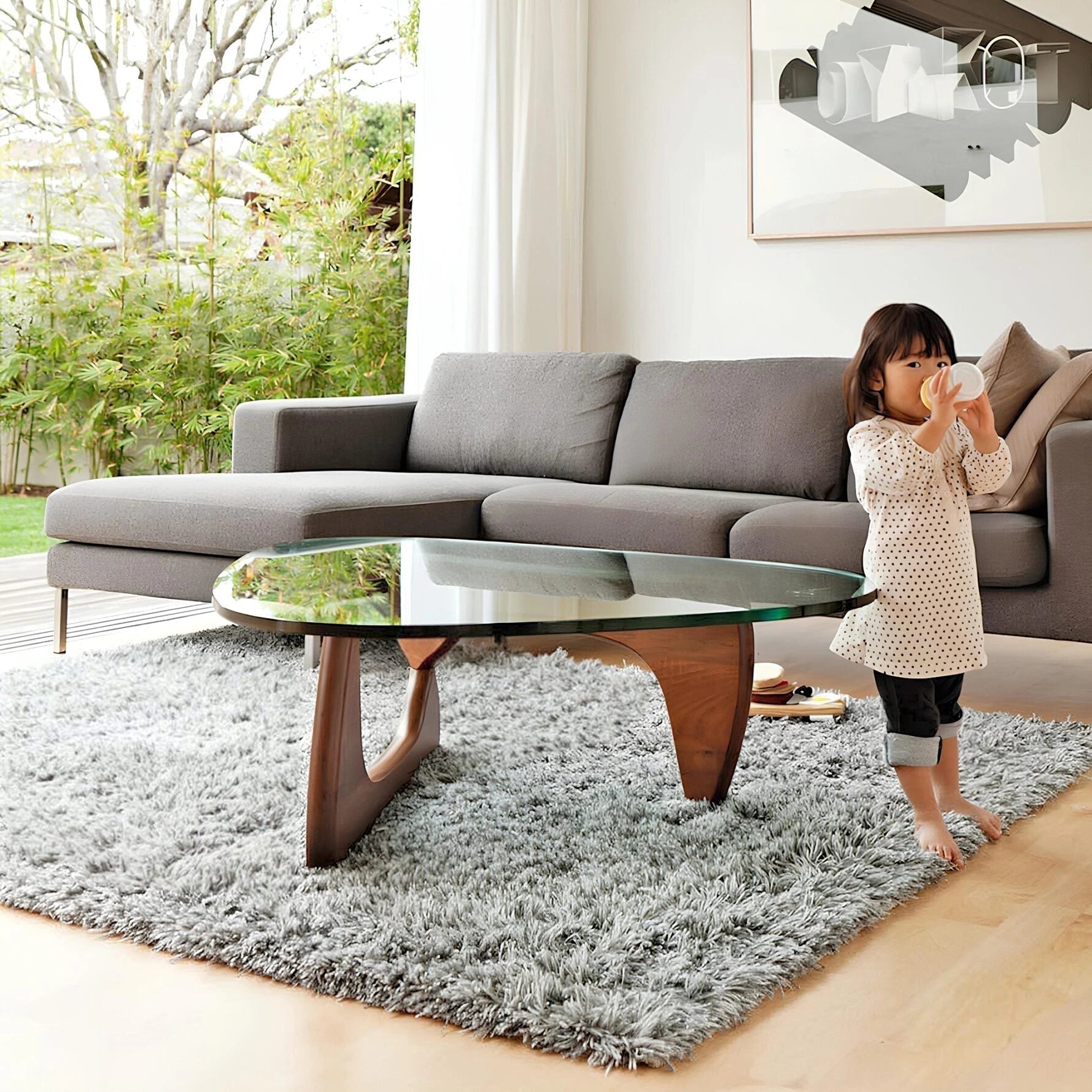 Sculptural Glass Coffee Table with Curved Wood Base — view 5