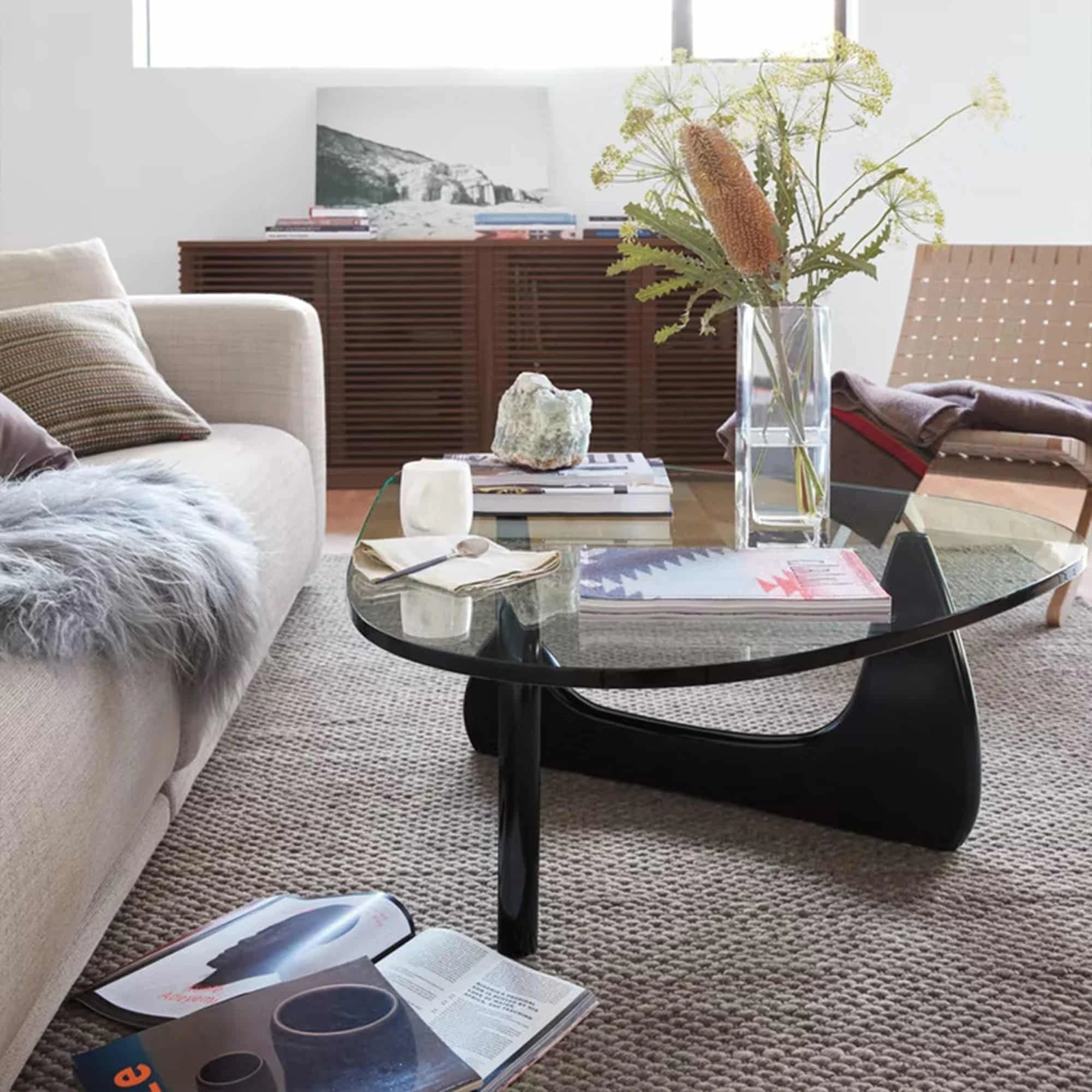 Sculptural Glass Coffee Table with Curved Wood Base — view 10