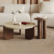Round Stone-Look Coffee Table with Curved Wood Base — view 1
