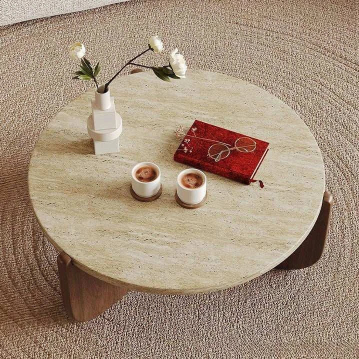 Round Stone-Look Coffee Table with Curved Wood Base — view 2
