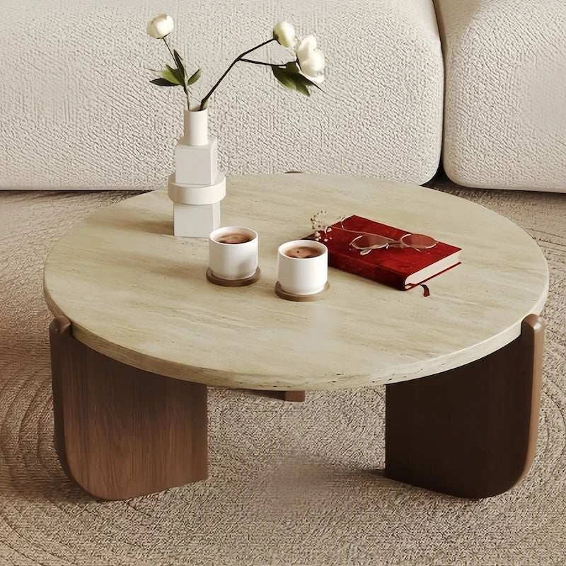 Round Stone-Look Coffee Table with Curved Wood Base — view 3