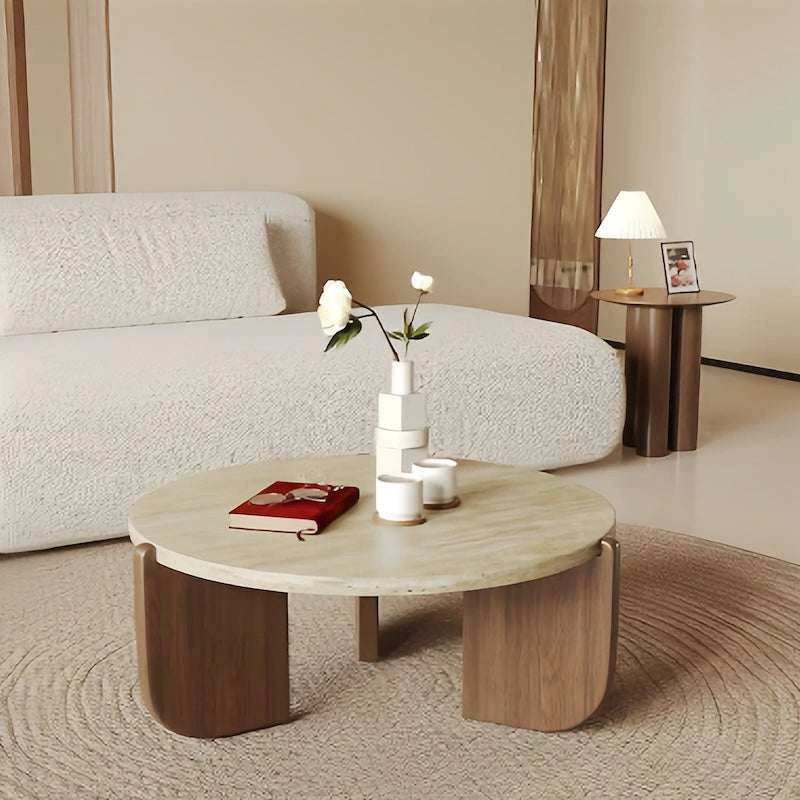 Round Stone-Look Coffee Table with Curved Wood Base — view 4