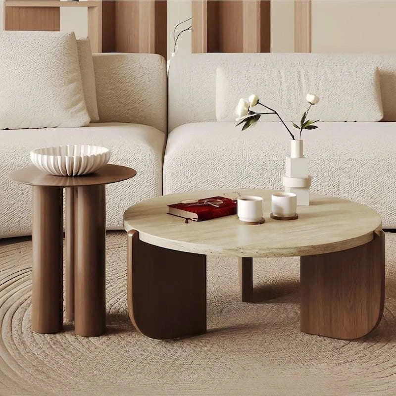 Round Stone-Look Coffee Table with Curved Wood Base — view 5
