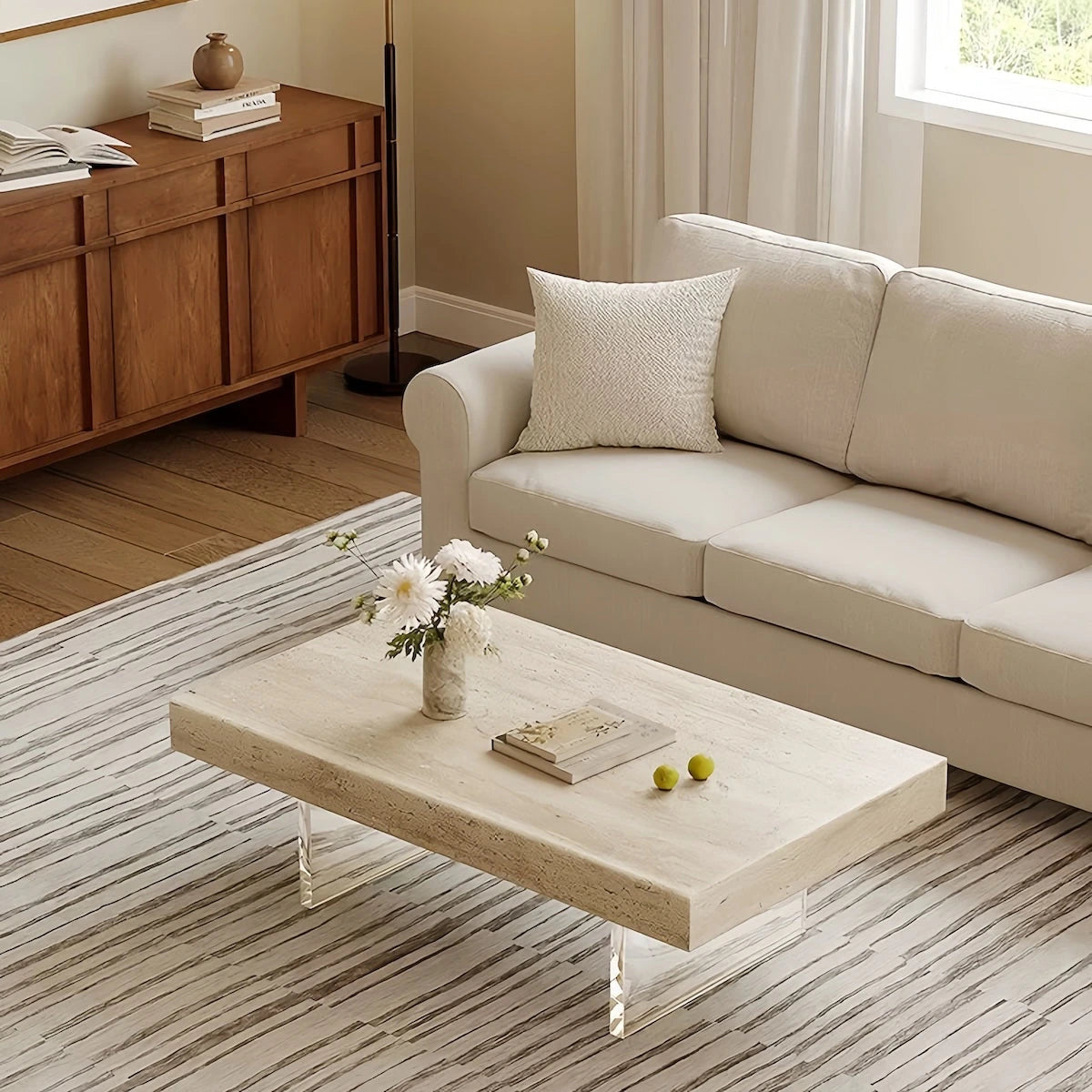Italian Travertine Coffee Table with Clear Acrylic Legs — view 2