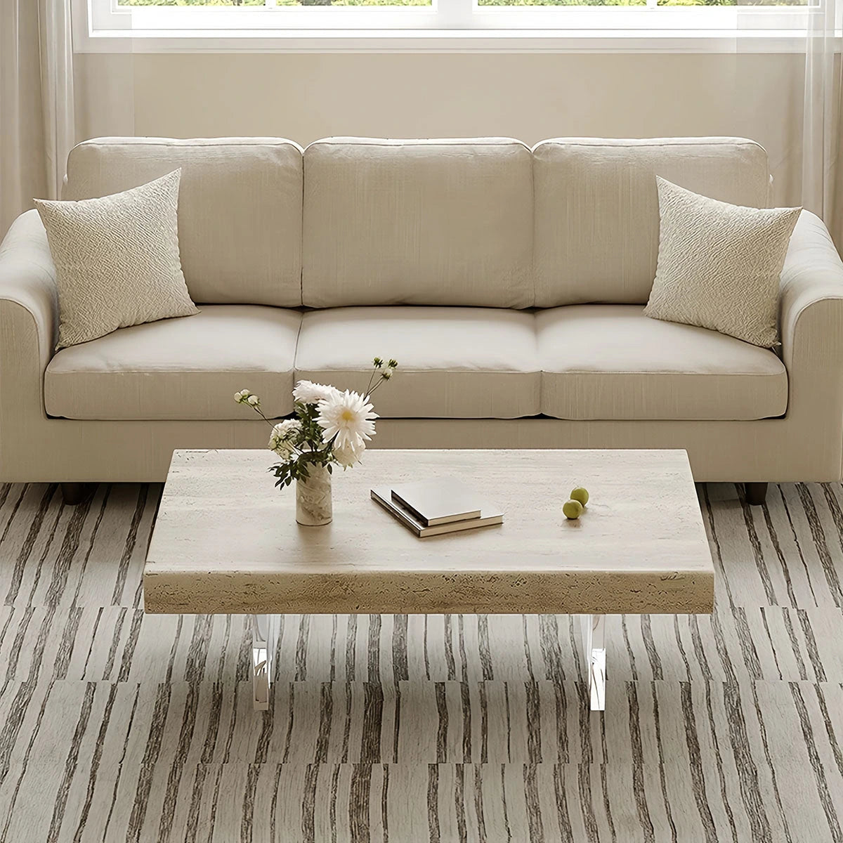 Italian Travertine Coffee Table with Clear Acrylic Legs — view 3
