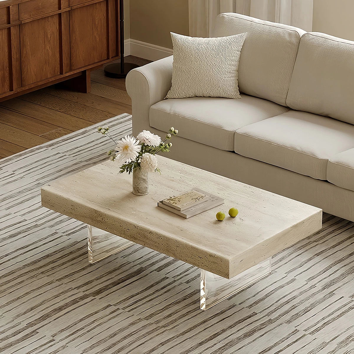 Italian Travertine Coffee Table with Clear Acrylic Legs — view 4