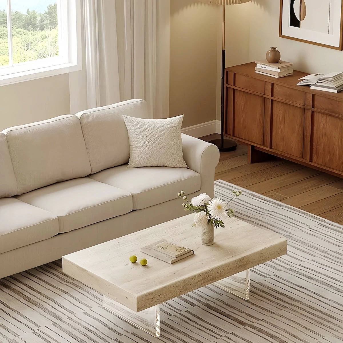 Italian Travertine Coffee Table with Clear Acrylic Legs — view 5