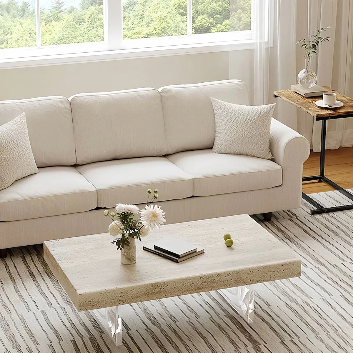 Italian Travertine Coffee Table with Clear Acrylic Legs — view 6