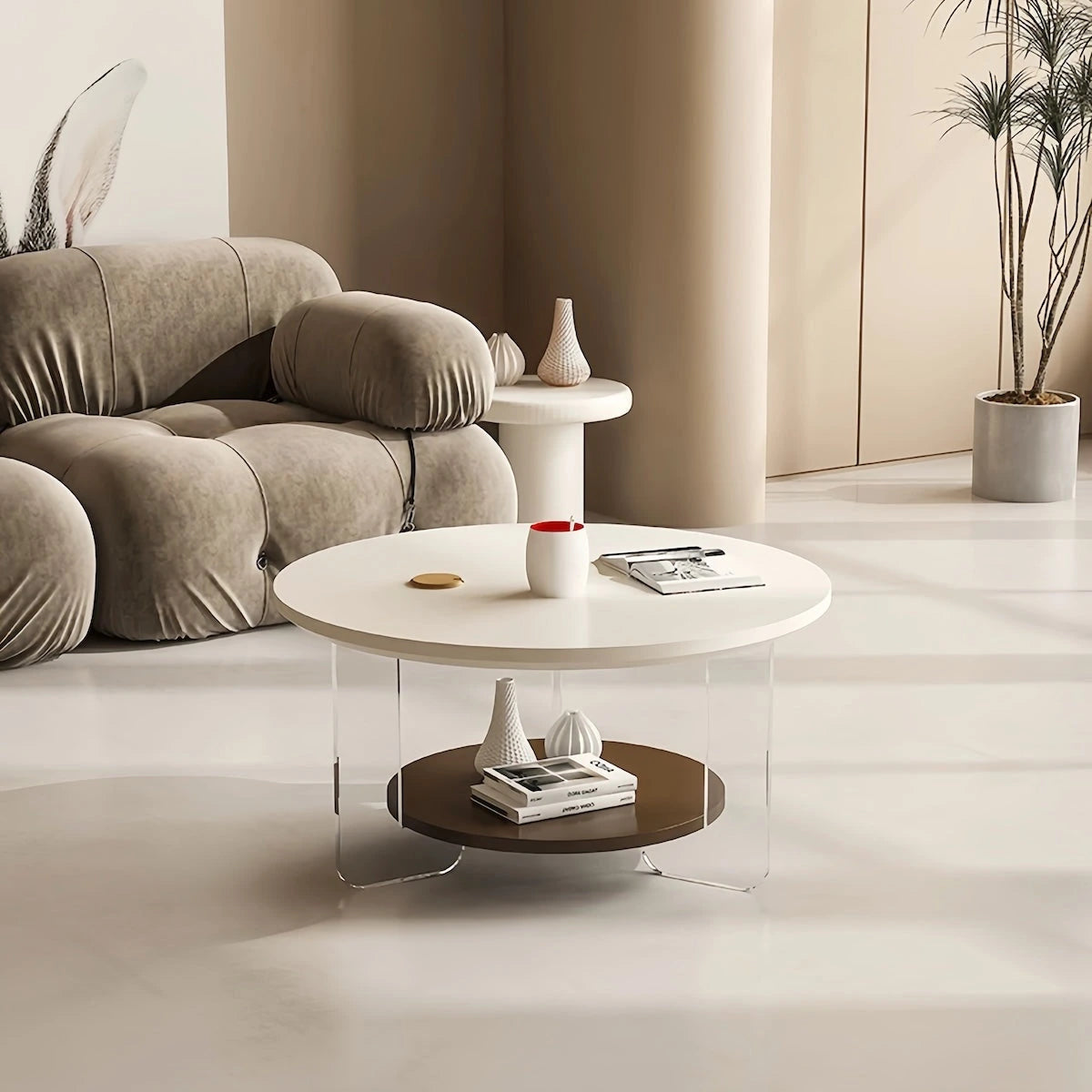 Round Wood Coffee Table with Clear Acrylic Legs — view 1
