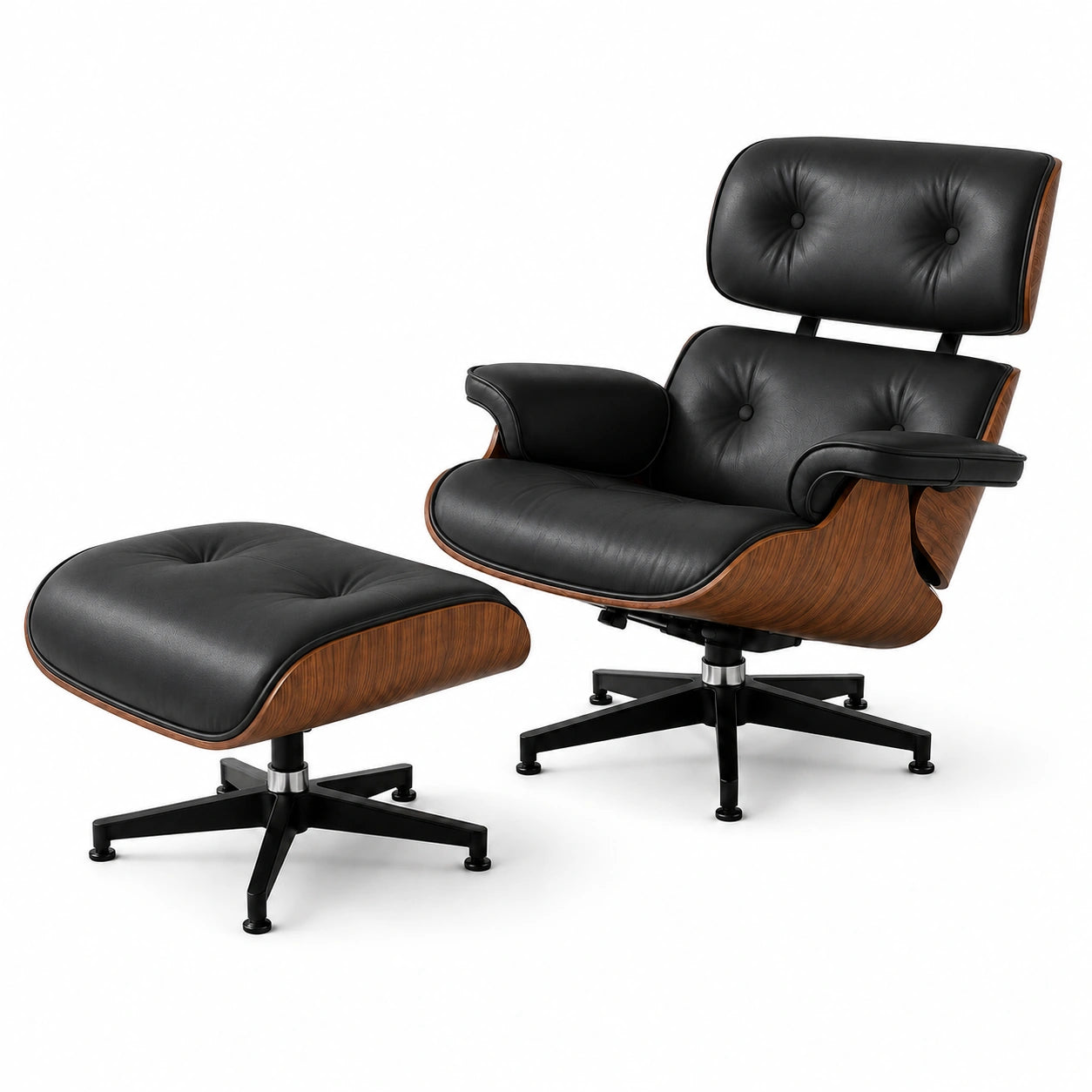 Mid-century lounge chair and ottoman in walnut black leather