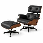 Mid-century lounge chair and ottoman in walnut black leather
