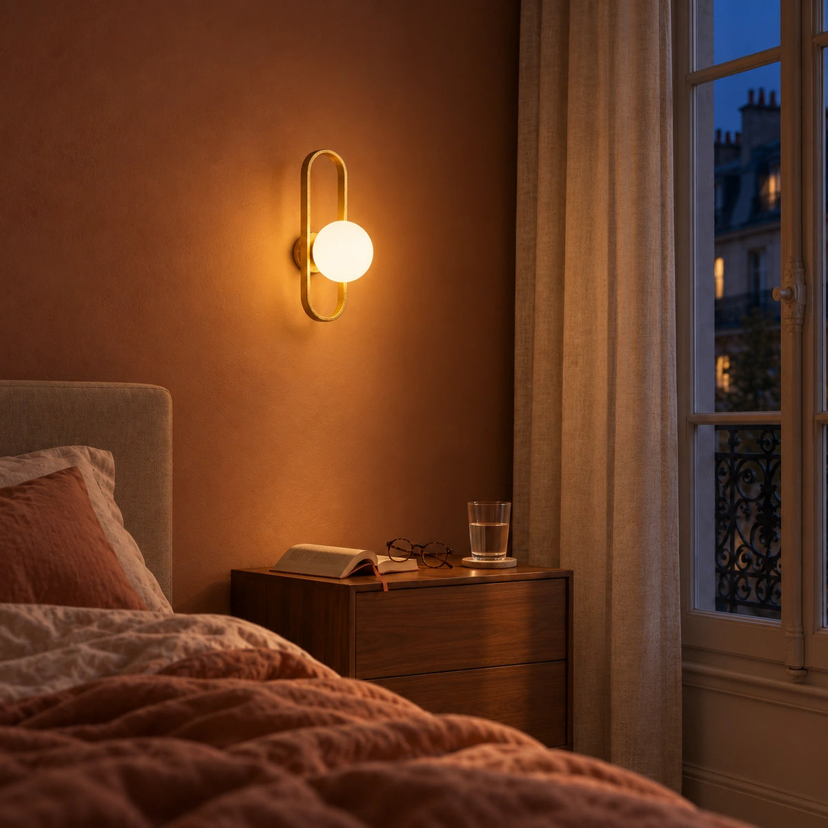 Gold globe-loop wall light beside a bed at dusk