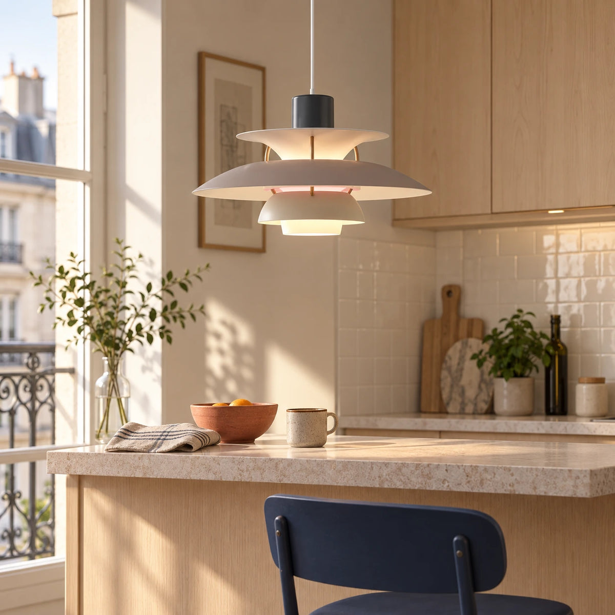 Greige layered pendant with charcoal top and pale shades above a Paris breakfast counter
