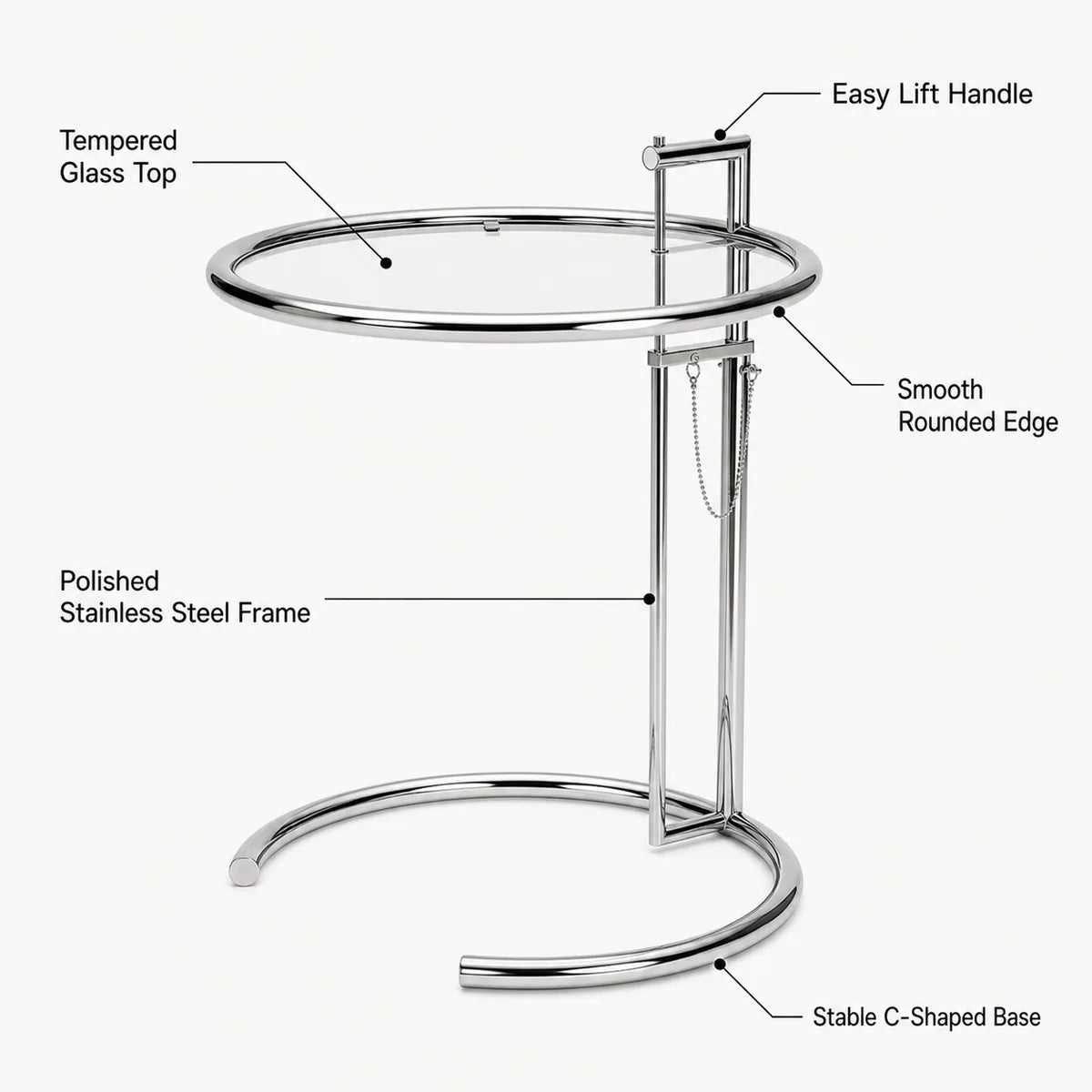 Height Adjustable Glass Side Table material and feature diagram