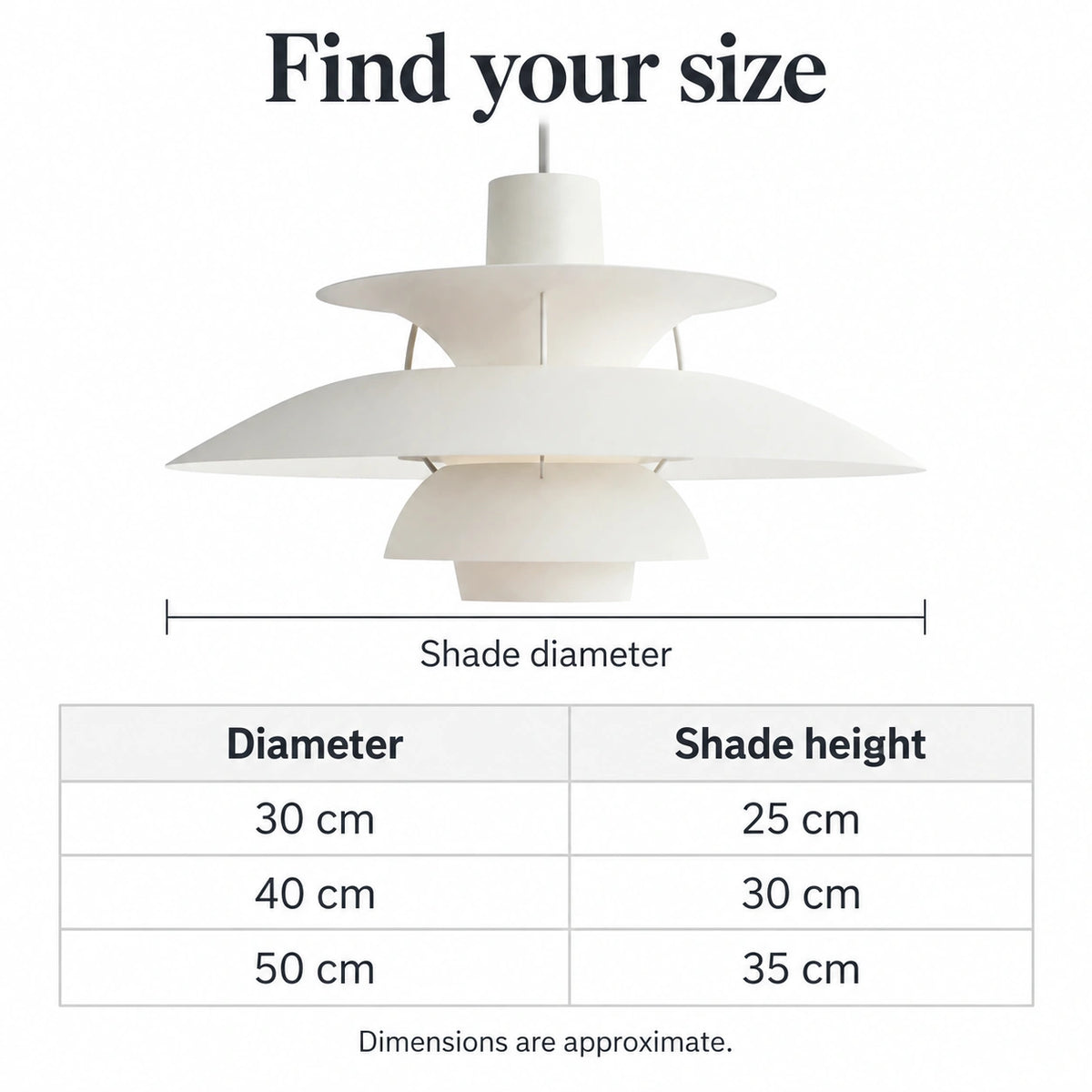 Layered pendant lamp size guide: diameters 30, 40 and 50 cm with approximate shade heights 25, 30 and 35 cm